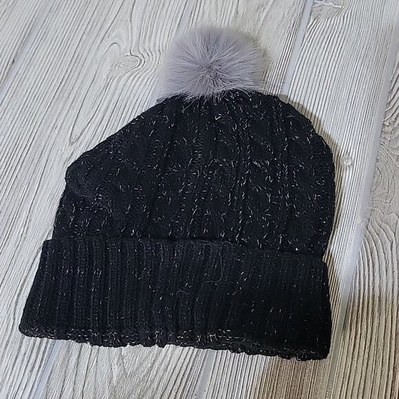 Eddie Bauer Kids Fleece Lined Cable Knit Hat, Black/Silver Threading, NWT - Picture 4 of 8